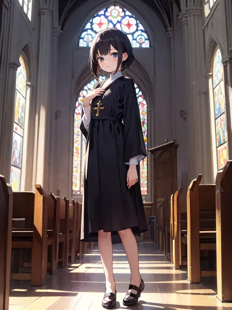 masterpiece, best quality, 1 girl, solo, 8 years old, (flat chest), MShizukaV4, Monastic Clothes, church, full body,