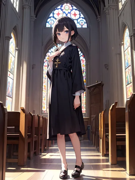 masterpiece, best quality, 1 girl, solo, 8 years old, (flat chest), mshizukav4, monastic clothes, church, full body,