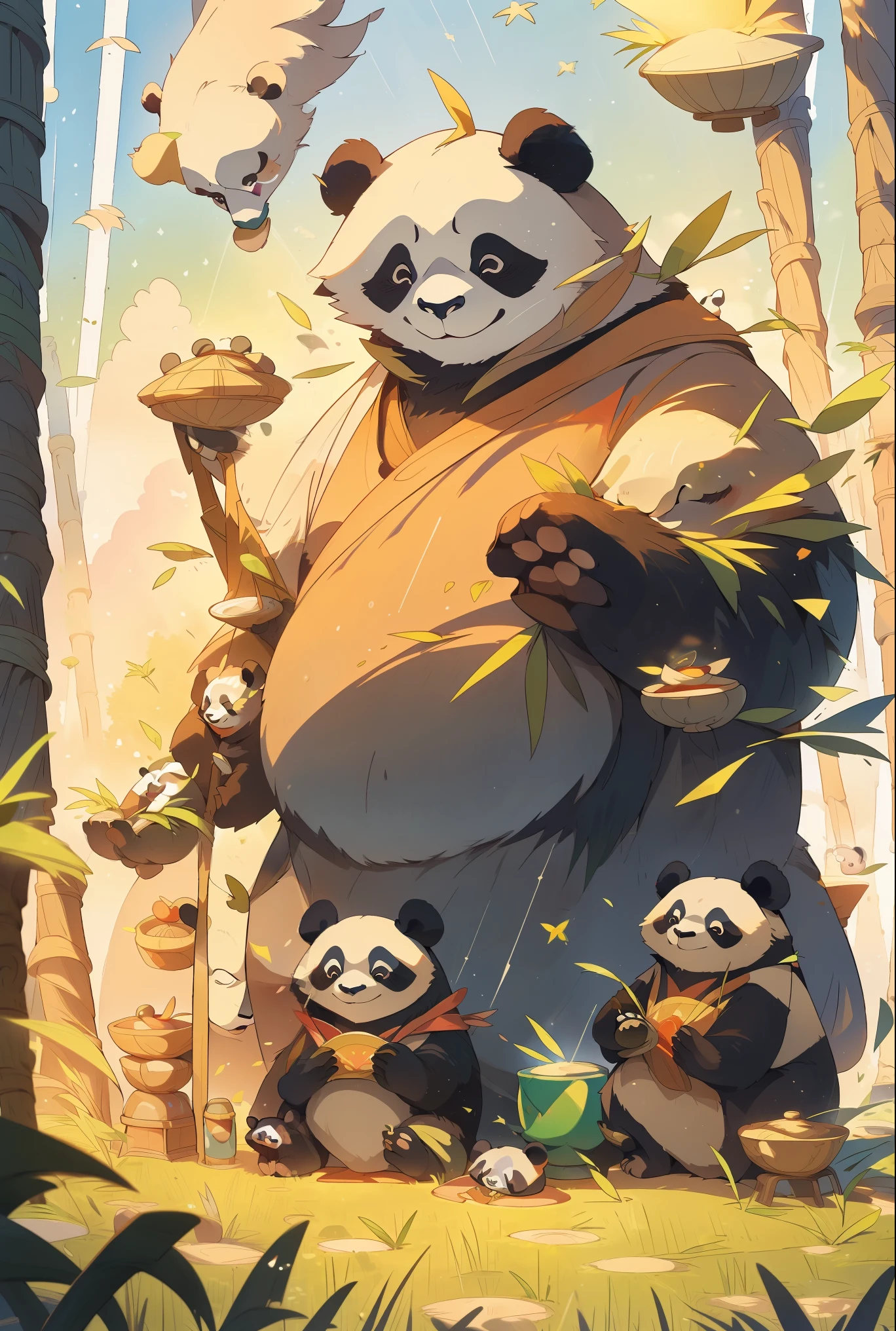 A majestic panda family standing in a mysterious atmosphere, embodying ancient legends and the deity of the grasslands. The panda bears are portrayed with a sense of power and mystery, surrounded by an aura of ancient rituals. The scene is depicted with surrealistic elements, evoking a mystical and powerful presence. The image quality is (best quality,4k,8k,highres,masterpiece:1.2), ultra-detailed, (realistic,photorealistic,photo-realistic:1.37), with HDR, UHD, and vivid colors. The artwork is created in an illustrative style, capturing the essence of ancient folklore and spiritual significance.