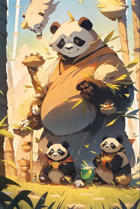 A majestic panda family standing in a mysterious atmosphere, embodying ancient legends and the deity of the grasslands. The pand...