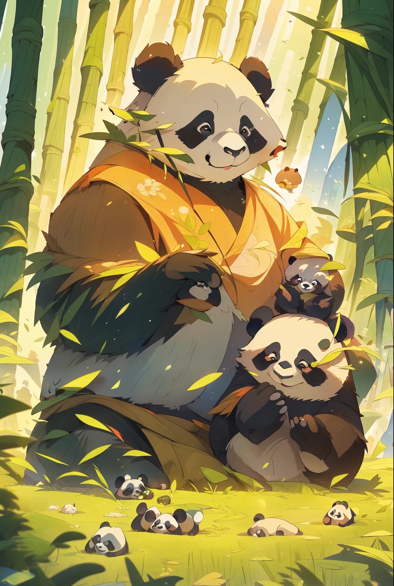 A majestic panda family standing in a mysterious atmosphere, embodying ancient legends and the deity of the grasslands. The panda bears are portrayed with a sense of power and mystery, surrounded by an aura of ancient rituals. The scene is depicted with surrealistic elements, evoking a mystical and powerful presence. The image quality is (best quality,4k,8k,highres,masterpiece:1.2), ultra-detailed, (realistic,photorealistic,photo-realistic:1.37), with HDR, UHD, and vivid colors. The artwork is created in an illustrative style, capturing the essence of ancient folklore and spiritual significance.