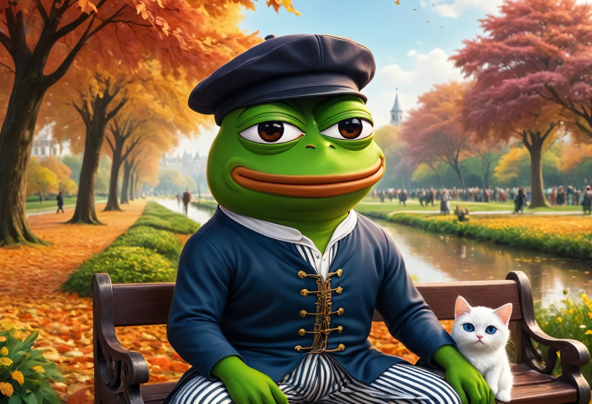 (masterpiece in maximum 16K resolution, superb quality, ultra detailed:1.3), muscular pepe the frog, solo, frog, anthropomorphic, amphibian, smiling, pepe_frog, ((close-up front view)), sitting on the ornate bench in the autumn park and ((holding a cute kitten)) in its hands, wearing a stylish leather jackets, T-shirt, ((a backwards cap)), under the blooming canopy, cityscape in the distance.
