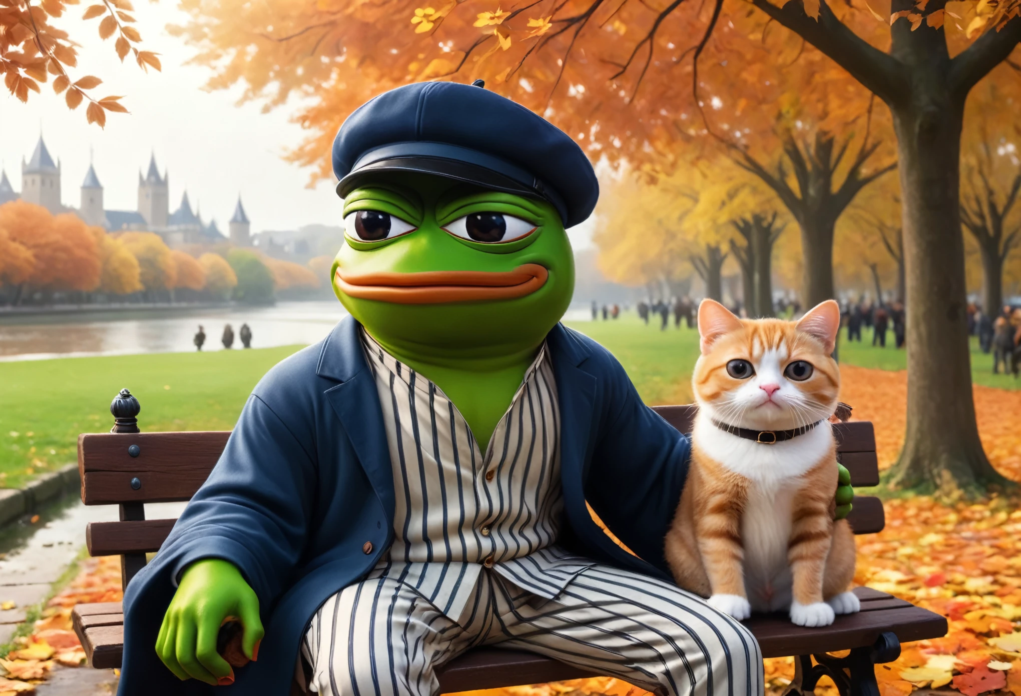 (masterpiece in maximum 16K resolution, superb quality, ultra detailed:1.3), muscular pepe the frog, solo, frog, anthropomorphic, amphibian, smiling, pepe_frog, ((close-up front view)), sitting on the ornate bench in the autumn park and ((holding a cute kitten)) in its hands, wearing a stylish leather jackets, T-shirt, ((a backwards cap)), under the blooming canopy, cityscape in the distance.
