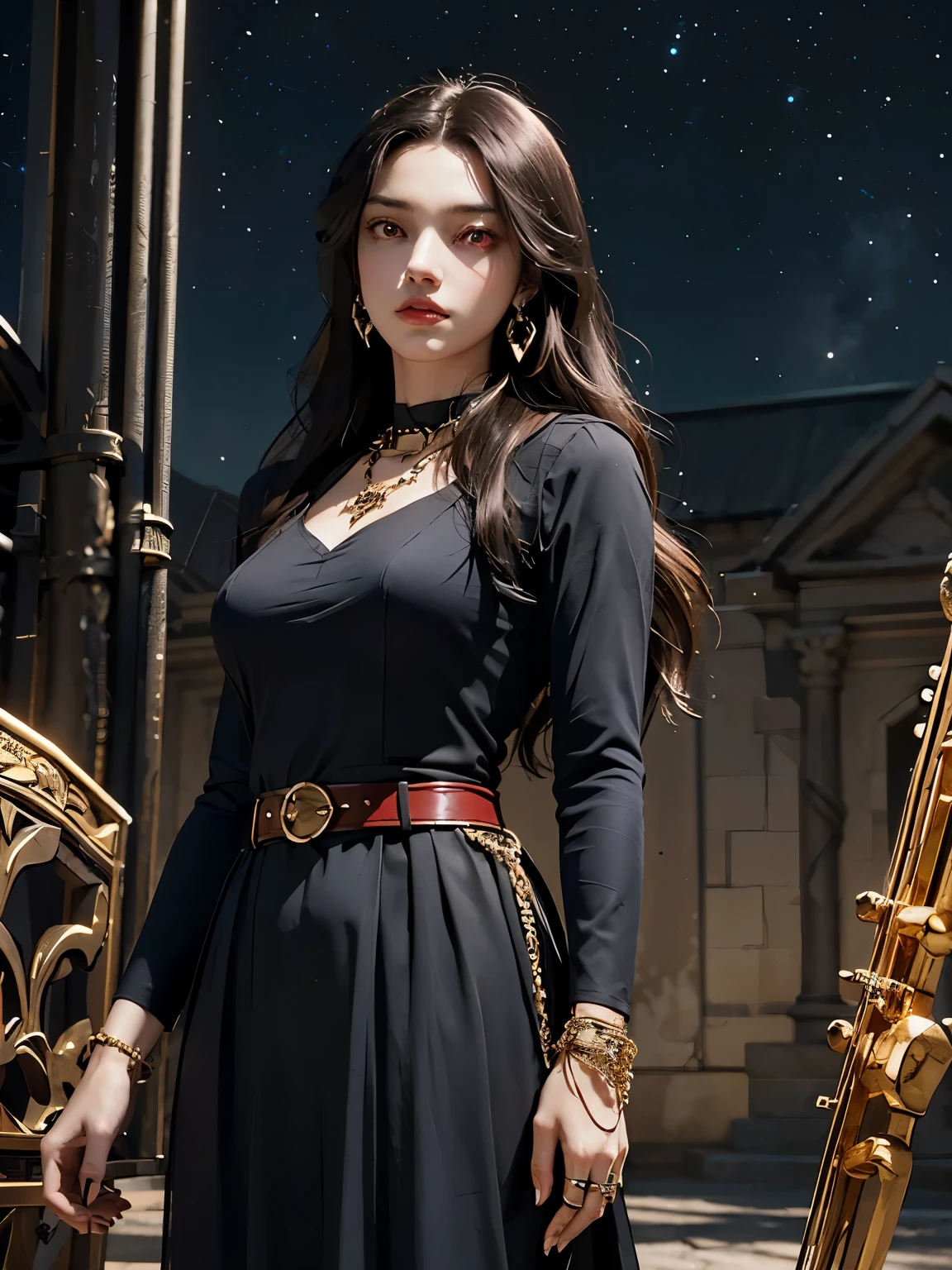 1 girl, solo, details, masterpiece, best quality, photorealistic realism, beautiful girl, long hair, black hair, skull headband, gold earrings, (((red eyes))), beautiful face, skull necklace, perfect body, large breast, open chest, black long dress, skull bracelet, gold earrings, gold belt, musical instrument, stand near ancient chair, dark sky, dark temple,