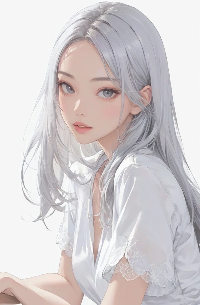 Best AI is absurd、1 beautiful girl、Pure、Big round eyes、shine、１By people、Realistic、lips、Tabletop、highest quality、Excellent anatomy、Skin Texture、White Background、Small breasts、White Formal Blouse、satin、Ultra delicate、Glitter、de luz、Gray Hair、Long Hair、Respect、Optics、about、White Tone、Warm texture