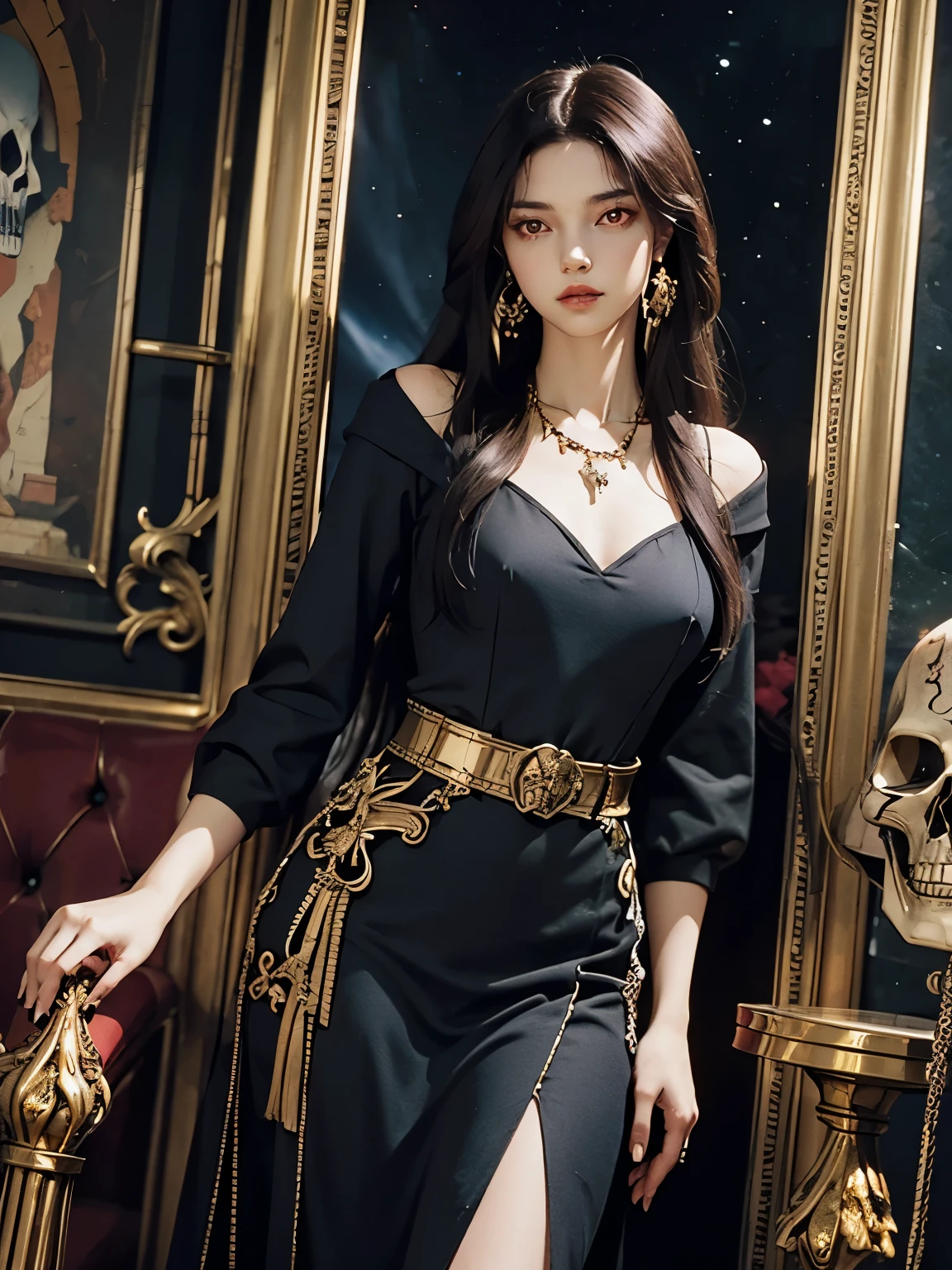 1 girl, solo, details, masterpiece, best quality, photorealistic realism, beautiful girl, long hair, black hair, skull headband, gold earrings, (((red eyes))), beautiful face, skull necklace, perfect body, large breast, open chest, black long dress, skull bracelet, gold earrings, gold belt, musical instrument, stand near ancient chair, dark sky, dark temple,