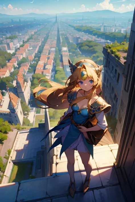 beautiful girl looking down on a miniature city