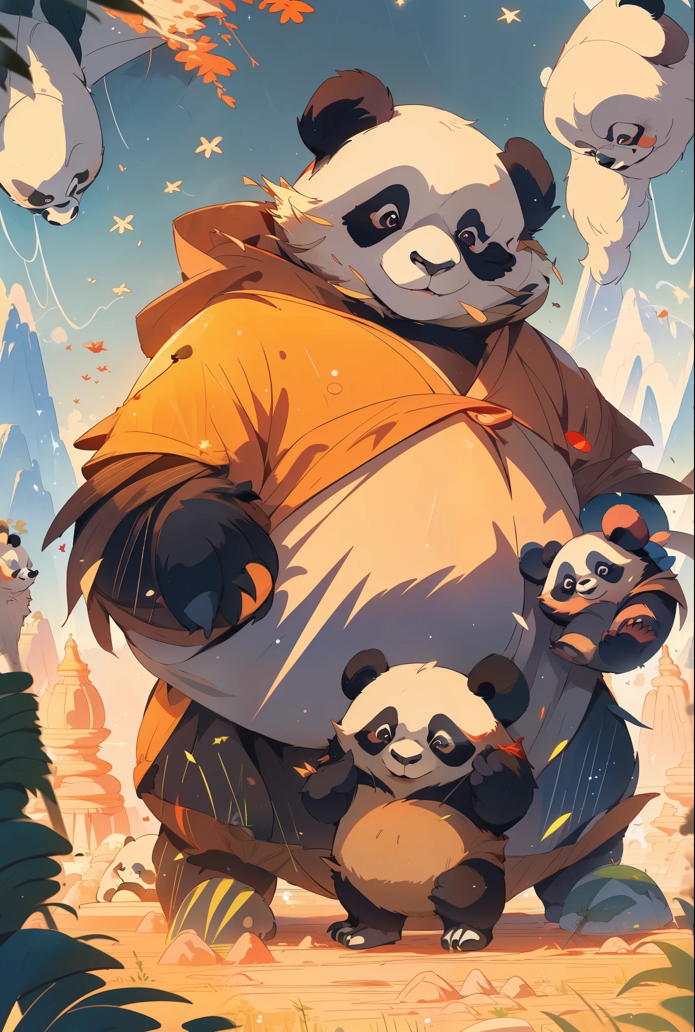 A majestic panda family standing in a mysterious atmosphere, embodying the technological splendor of the Star Trek universe, Dune, Star Wars, The panda bears are portrayed with a sense of power and mystery, surrounded by an aura of imperial technocracy. The scene is depicted with surrealistic elements, evoking a mystical and powerful presence. The image quality is (best quality,4k,8k,highres,masterpiece:1.2), ultra-detailed, (realistic,photorealistic,photo-realistic:1.37), with HDR, UHD, and vivid colors. The artwork is created in an illustrative style, capturing the essence of mankind's greatest visions of a utopian future