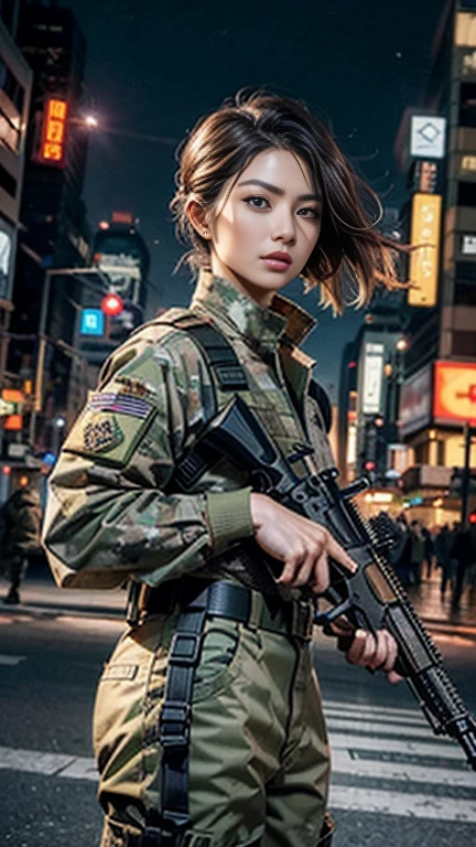 (8k, Official Art、CG)、Beautiful and aesthetic、Charm, Very detailed, A female soldier in army green camouflage uniform holding a rifle、((Delicate face、Detailed eyes and face、double eyelid))、Red lipature adult woman、Dark brown updo、pants、boots、Very detailed costume、(((He has a rifle.、Holding a rifle)))、Strength and charisma. City night view, She is standing on a street lined with skyscrapers. The night view of the city is bright, Add a touch of technology.Neon lights etc. , High-tech equipment and architectural design.  This ultra-high resolution, Top quality images bring you great visual enjoyment, Dramatic lighting, Award-winning quality