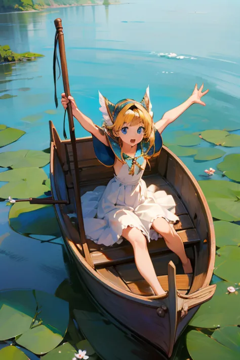 a beautiful girl raising her arms to a miniature boat