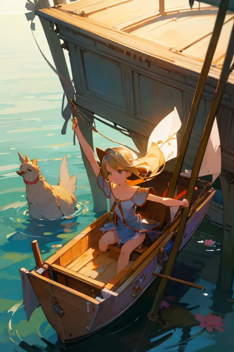 a beautiful girl swings her arms down at a broken miniature boat