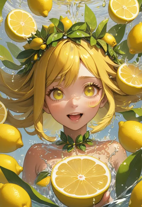 
          Painting of a girl with golden hair，Wearing a garland of leaves on the head, standing among many sliced lemons to tak...