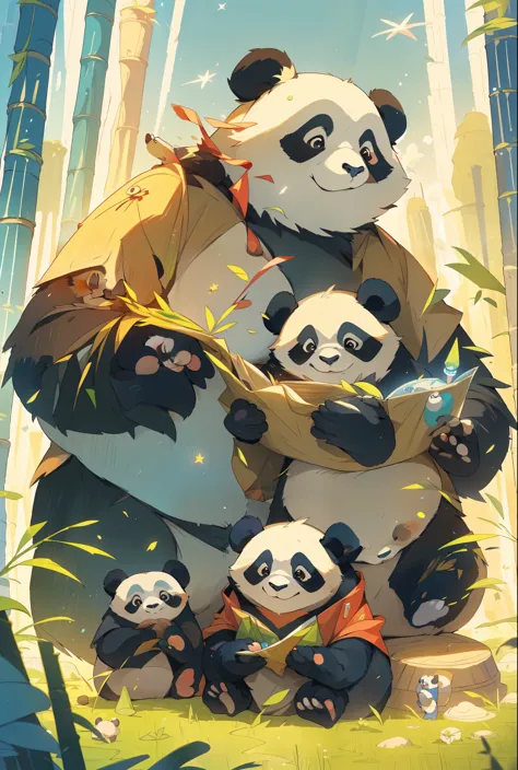A majestic panda family standing in a mysterious atmosphere, embodying the technological splendor of the Star Trek universe, Dun...
