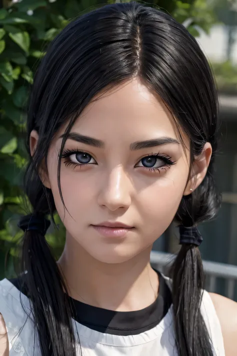 photo realistic, black eyes, black hair, low twintails, look aside