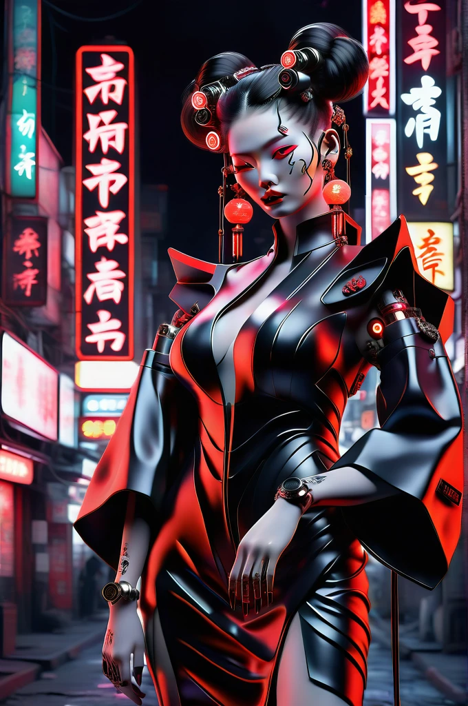 (Full Body Shot:1.2), Hero View,
Inmatic Photo Choker, Realistic, One girl, Mysterious Japanese cyborg woman, A dark gothic sci-fi city filled with gothic buildings, Neon Signs,  Glowing lantern, Black leather kimono, Hair Stick, lipstick, compensate, jewelry, eye shadow, Red lips, hair ornaments, Futuristic, amazing, Charm, complicated, Highly decorated, elegant, luxury, elite, Dramatic Light, cable, Machinery Parts,
 fflix Geisha 