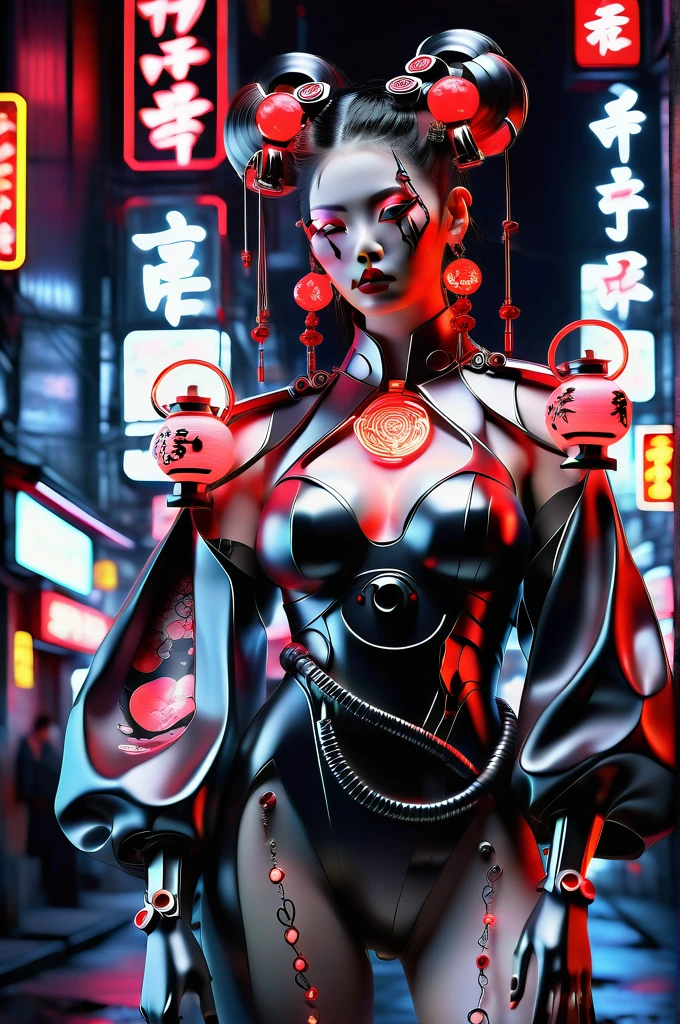 (Full Body Shot:1.2), Hero View,
Inmatic Photo Choker, Realistic, One girl, Mysterious Japanese cyborg woman, A dark gothic sci-fi city filled with gothic buildings, Neon Signs,  Glowing lantern, Black leather kimono, Hair Stick, lipstick, compensate, jewelry, eye shadow, Red lips, hair ornaments, Futuristic, amazing, Charm, complicated, Highly decorated, elegant, luxury, elite, Dramatic Light, cable, Machinery Parts,
 fflix Geisha 