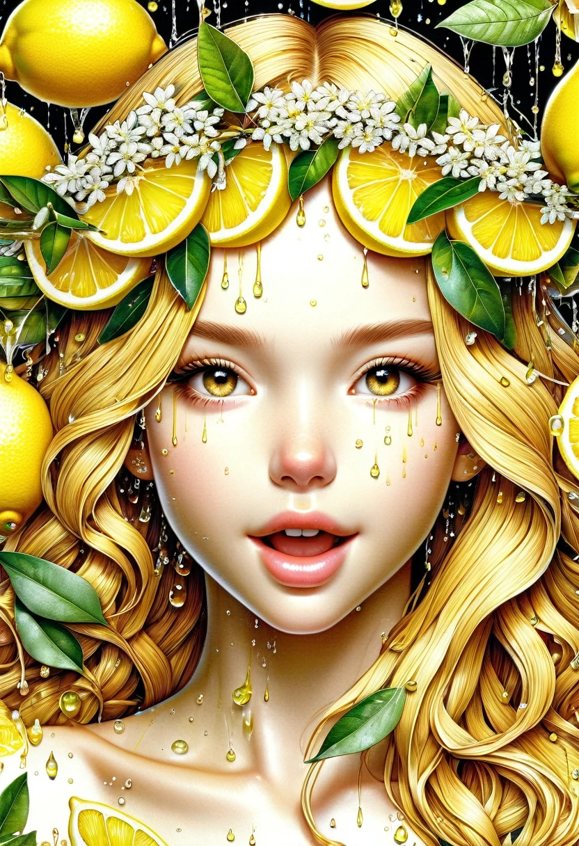 
        ( Perfect anatomical structure )  Painting of a girl with golden hair，Wearing a garland of leaves on the head, standing among many sliced lemons to take pictures, water splashing, cool and intricate, hands holding sliced lemons, eating slices, eating sliced lemons, sour expressions, happy and animated characters, close-up( Perfect anatomical structure )

             Beauty and extremely fine texture，Detailed, bright, high-definition and high-quality presentation in animation style