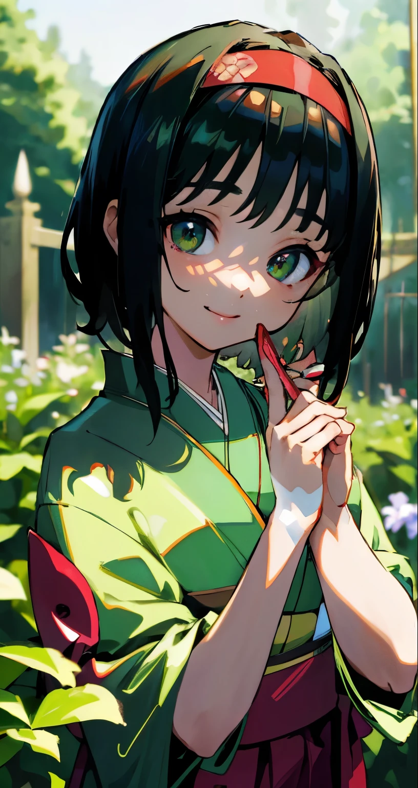 { masterpiece : best quality : high resolution : unity 8k wallpaper : illustration : beautiful detailed eyes : extremely detailed face : perfect lighting : extremely detailed CG : perfect hands : perfect anatomy } { in a garden } { Erika : short dark smart hair with red hairband : lolicon  : wearing kimono : perfectly fit body : sweet innocent smile }