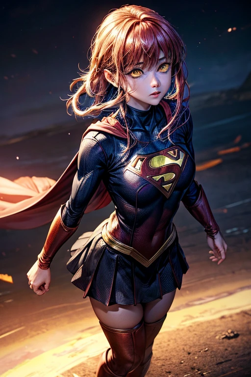 hight quality, masterpiece, 8k, 1 female, makima, growing eyes, yellow eyes, lighting eyes, perfect body, wearing super girl outfit, super girl cosplay, flying in th sky, night, red lighting sky, eyes looking at viewer, full body view
