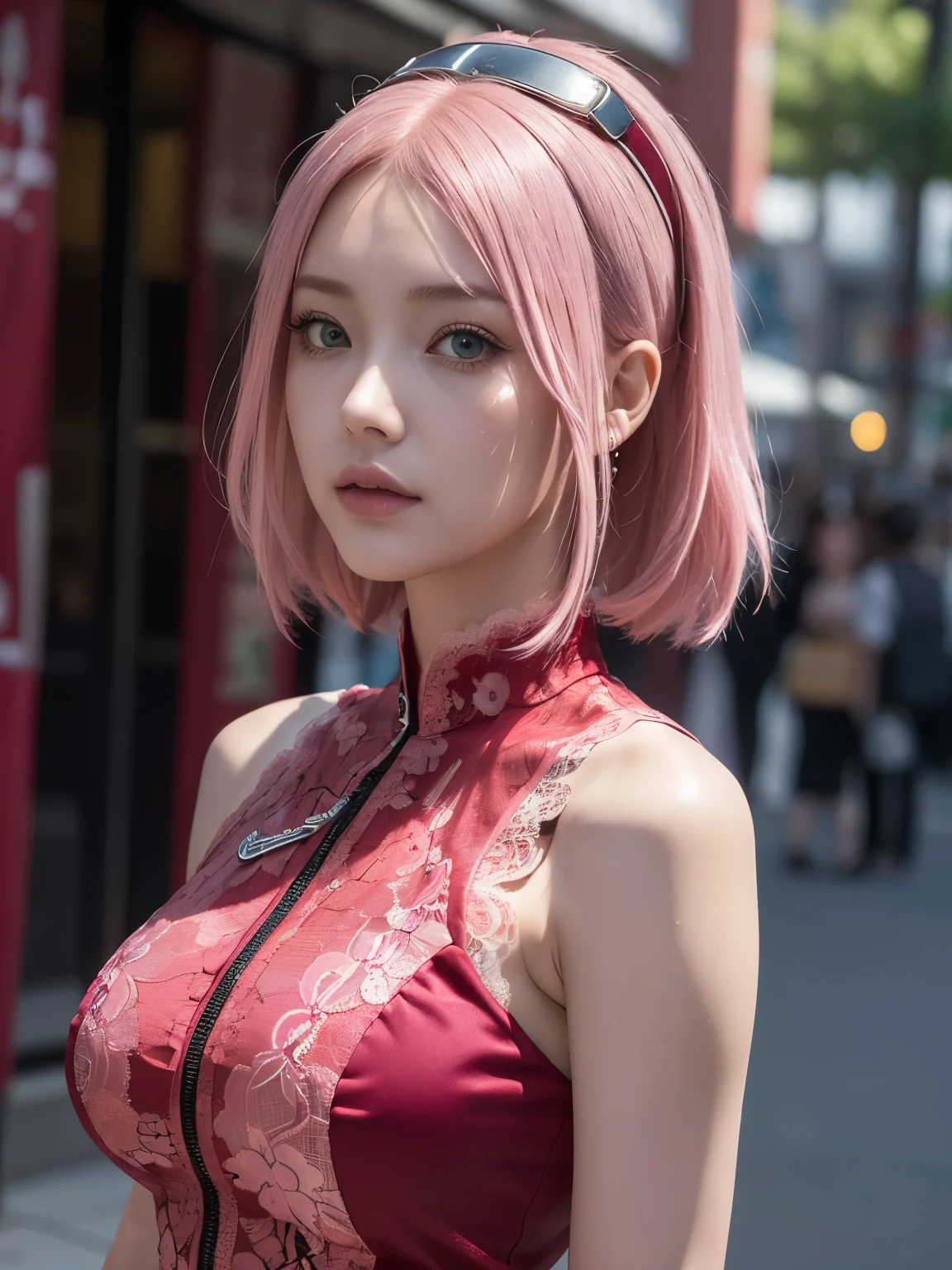 (((masterpiece+highest quality+High resolution+Very detailed))), Sakura Haruno, solo, (([woman]: 1.3 + [beauty]: 1.3+ pink hair: 1.5)), pink eyes, Bright Eyes, Dynamic angles and postures, wallpaper, ((natural big breasts:1.2)), Sakura Haruno outfit, (Ultra Realistic:1.5), (Photo Realistic:1.5), (UHD:1.5), red qipao dress(sleeveless ) with slits along the sides accompanied by a zipper and white circular designs, crystal tattoo at the forehead, slim body shape, NSFW, (lace:1.2)
