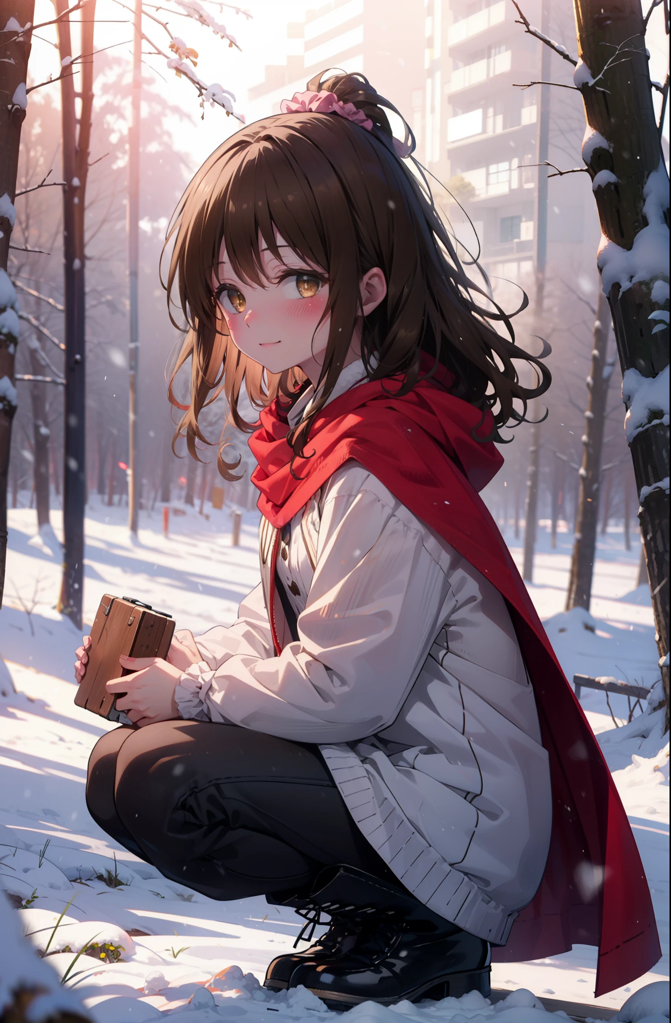 Follow Us, Yuki mandarin orange, (Brown eyes:1.5), Brown Hair, hair ornaments, hair Scrunchie, Long Hair, pink Scrunchie, Scrunchie, (Flat Chest:1.2),smile,,smile,blush,White Breath,
Open your mouth,snow,Ground bonfire, Outdoor, boots, snowing, From the side, wood, suitcase, Cape, Blurred, , forest, White handbag, nature,  Squat, Mouth closed, Cape, winter, Written boundary depth, Black shoes, red Cape break looking at viewer, Upper Body, whole body, break Outdoor, forest, nature, break (masterpiece:1.2), highest quality, High resolution, unity 8k wallpaper, (shape:0.8), (Beautiful and beautiful eyes:1.6), Highly detailed face, Perfect lighting, Highly detailed CG, (Perfect hands, Perfect Anatomy),