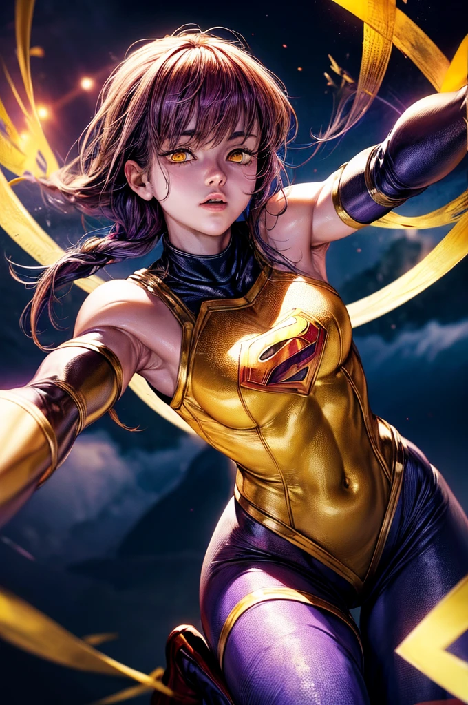 hight quality, masterpiece, 8k, 1 female, makima, growing eyes, yellow eyes, lighting eyes, perfect body, fixed face, wearing super girl outfit, super girl cosplay, flying in th space, night, purple lighting sky, eyes looking at viewer, full body view, from below