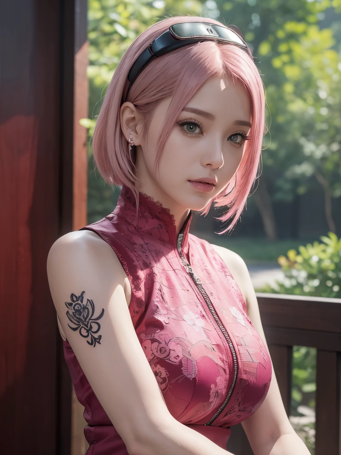 (((masterpiece+highest quality+High resolution+Very detailed))), Sakura Haruno, solo, (([woman]: 1.3 + [beauty]: 1.3+ pink hair: 1.5)), pink eyes, Bright Eyes, Dynamic angles and postures, wallpaper, ((natural big breasts:1.2)), Sakura Haruno outfit, (Ultra Realistic:1.5), (Photo Realistic:1.5), (UHD:1.5), red qipao dress(sleeveless ) with slits along the sides accompanied by a zipper and white circular designs, crystal tattoo at the forehead, slim body shape, NSFW, (lace:1.2)

