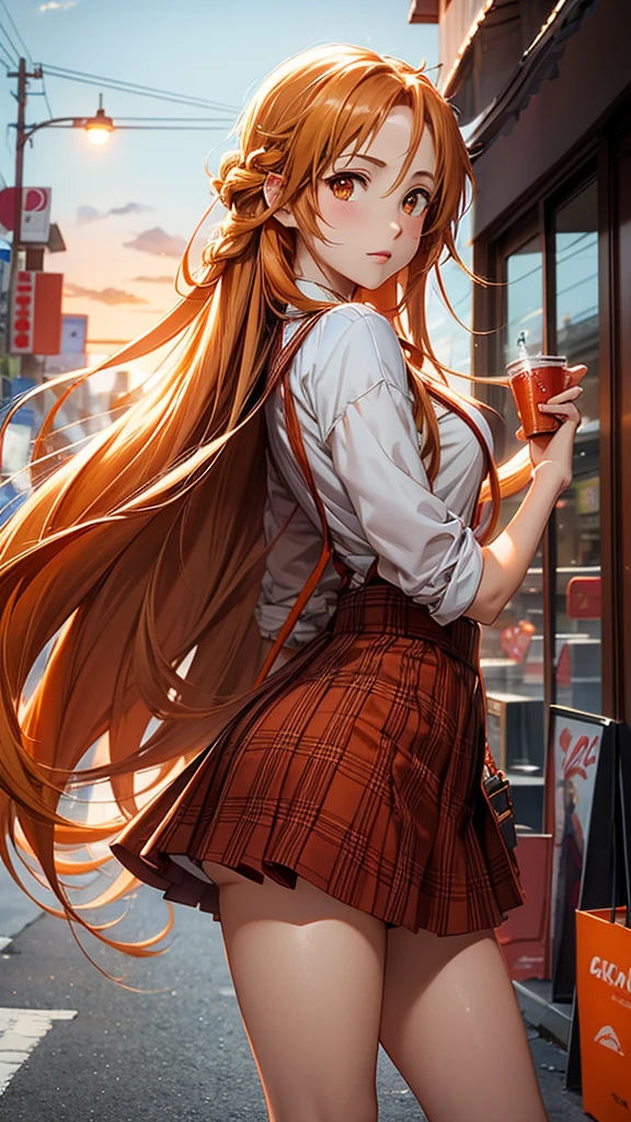 fille d'anime aux cheveux longs et raides, vêtue d'une tenue de rendez-vous mignonne, cheveux roux, Yeux oranges, Yuuki Asuna de Sword Art Online, Yuki Asuna, modèle comme pose, art animé officiel 