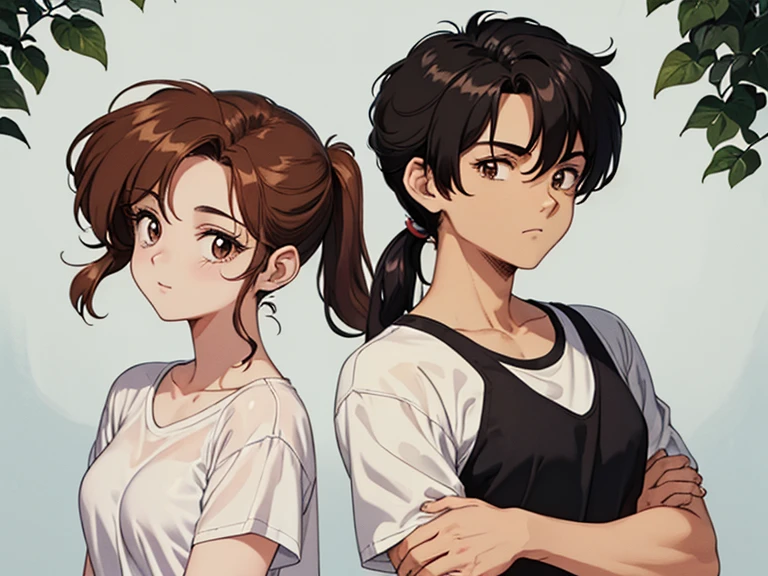 Two characters in a scene boy and girl (absolutely identical twins brother and sister), The first character is a handsome effeminate boy with semi-long brown hair tied in a ponytail., White T-shirt, Brown eyes, and the second character is a girl with aesthetic small breasts with very tousled shaggy semi-long brown hair, hair between the eyes, Brown eyes, beautiful face, noticeably muscular athlete,dressed in a white silk translucent T-shirt over a naked body, talk to each other, different emotions, free pose, free interaction with each other, White background, стиль мультфильма Disney Pixar