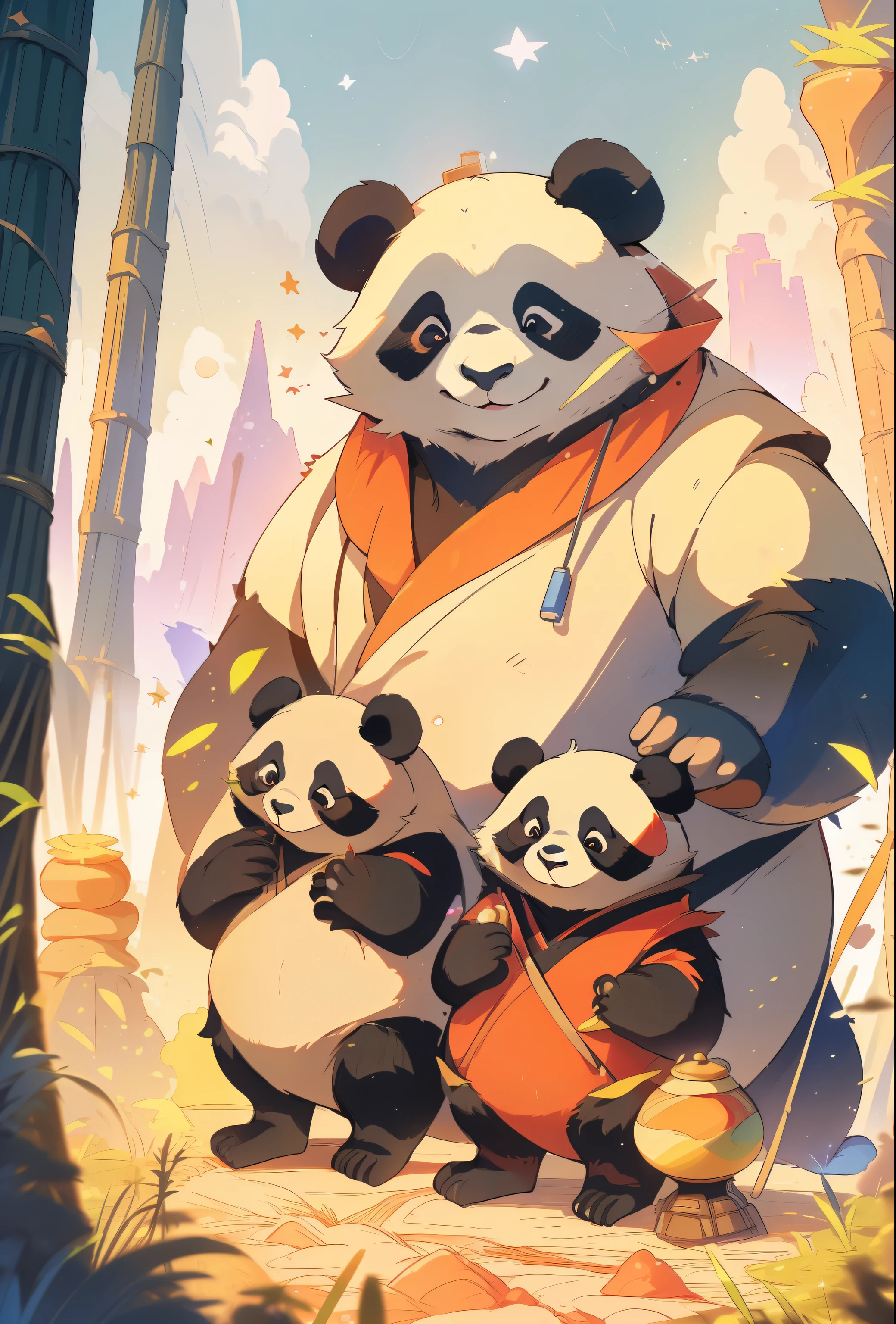 A majestic panda family standing in a mysterious atmosphere, embodying the technological marvel of the Star Trek future. The panda bears are portrayed with a sense of power and mystery, surrounded by an aura of imperial technocracy. The scene is depicted with surrealistic elements, The image quality is (best quality,4k,8k,highres,masterpiece:1.2), ultra-detailed, (realistic,photorealistic,photo-realistic:1.37), with HDR, UHD, and vivid colors. The artwork is created in an illustrative style, capturing the essence of mankind's greatest visions of a utopian future