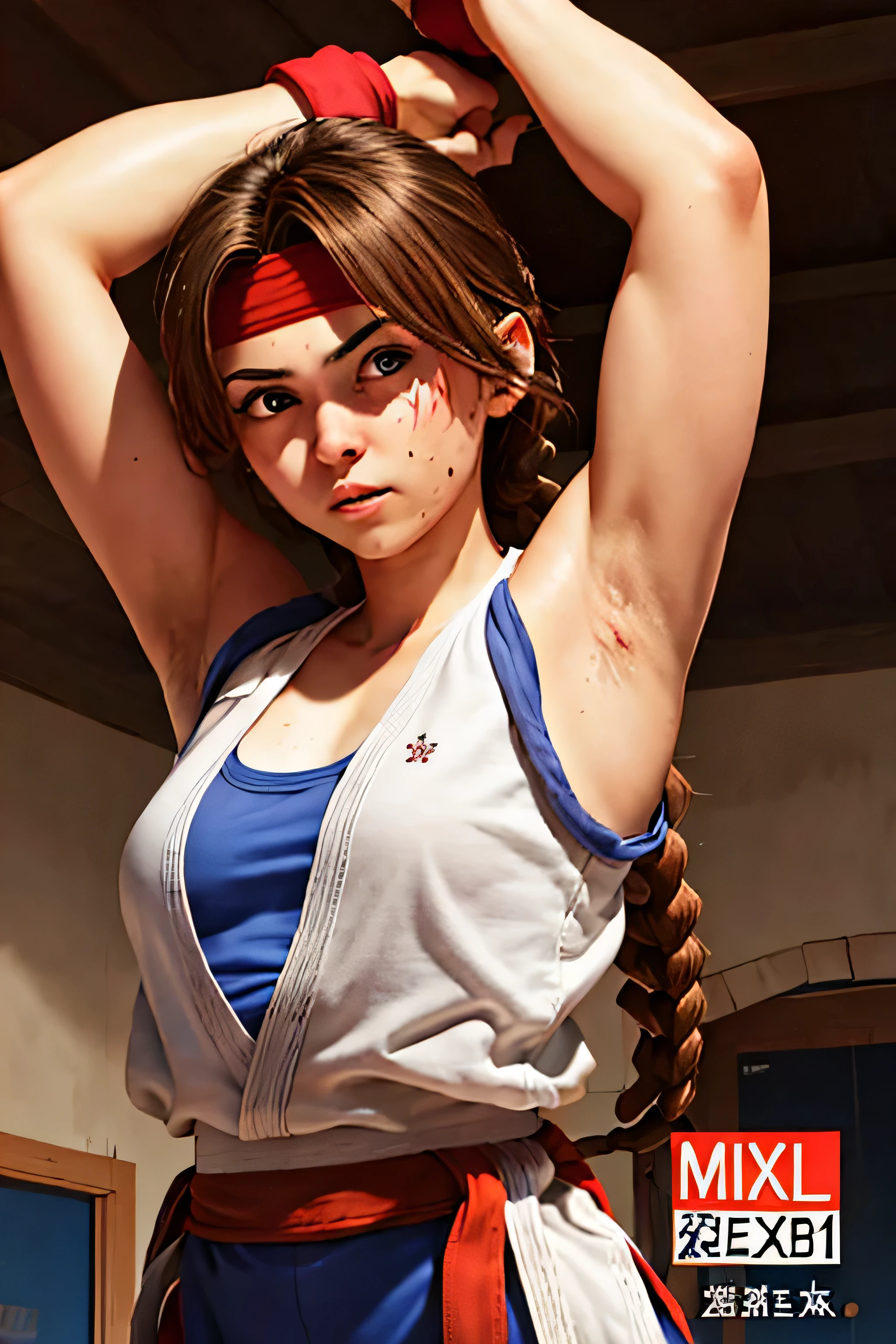 (masterpiece, best quality, high resolution, absurdities, unity 8K wallpaper, CG:1 extremely detailed:1), (illustration:1.0), 1girl((21 years, defined body, young woman, young adult, medium-big breasts)), solo, yurims, headband, dougi, spandex, gloves,,arms up,armpits, armpits,sweat,sweaty,sweaty armpits,awesome armpits,sweating ,sleeveless,exhausted,tired, wearing arm bands,arms raised,very tired,sweating,arms raised,both arms raised,sweaty,red arm warmers,red arm bands