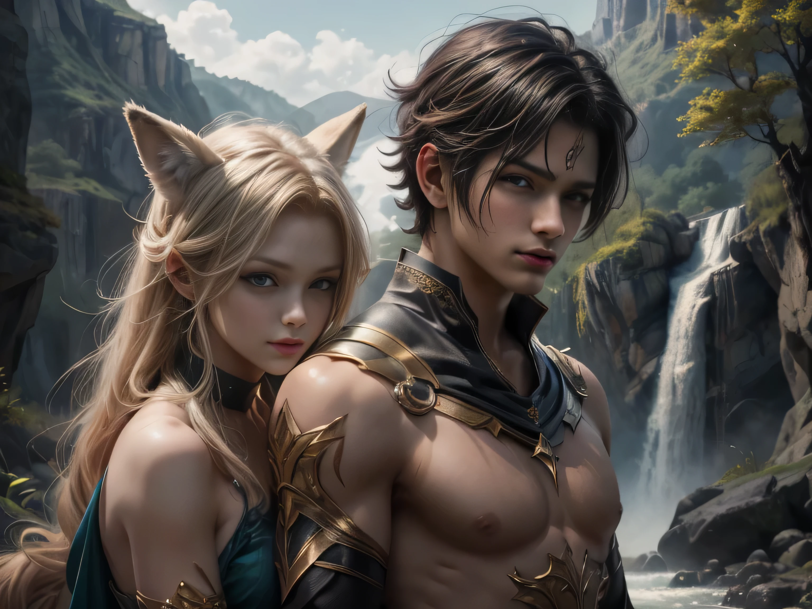 (Best Quality, 8K, Masterpiece, HDR, Soft Lighting, Picture Perfect, Realistic, Vivid), Image of a man and woman playing Go in a mountain landscape, Game illustration, Mountain landscape background with a waterfall, [(handsome man, he has beautiful blue eyes and a kind smile, black hair, he has a naked torso with a perfect body)(Beautiful fox girl with green eyes, red hair, innocent expression)], (Ultra high quality fantasy art, majestic fantasy style), masterpiece ,Ultra High Quality Male and Female Character Designs, 8k Resolution Anime Art, Realistic Anime Art, Highest Quality Wallpaper Illustration, Detailed Ultra High Quality Accurate Male and Female Character Face, High Quality Design and Accurate Physics) (Ultra High Quality Fantasy Art, Dark Fantasy) style), masterpiece, super high quality characters, anime resolution - 8k, realistic anime art, highest quality wallpaper illustration, super high facial detail, quality design and accurate physics), color difference, depth of field, dramatic shadows, ray tracing, quality and Detailed wallpapers for your computer in 8K resolution. (Accurate simulation of the interaction of light and material)], [Carefully rendered hair [More about beautiful and shiny hair]],(Perfect hand detail [Beautiful fingers without breakage [Beautiful nails]],(Perfect anatomy (Perfect proportions)) [[View full-length]],[Perfect color coordination (Accurate simulation of the interaction of light and material)], [Fine art that conveys the meaning of the story]
