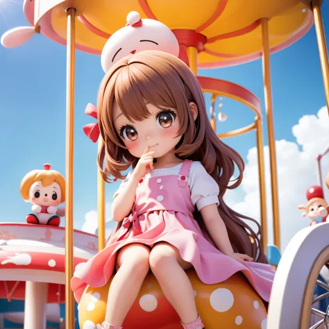 photorealistic、chibi girl doll（enjoying the merry-go-round at the amusement park）