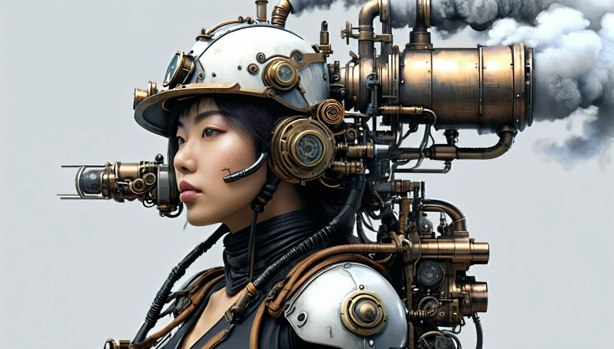 ohwx japanese women, a steam punk cyborg, side view, white background, unreal engine, inspired by Katsuhiro Otomo, half body portrait, highly detailed, photo realistic, cinematic, movie still, captured in the style of Sony Alpha A7 III camera