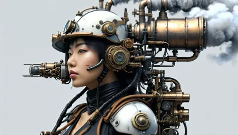 ohwx japanese women, a steam punk cyborg, side view, white background, unreal engine, inspired by Katsuhiro Otomo, half body por...