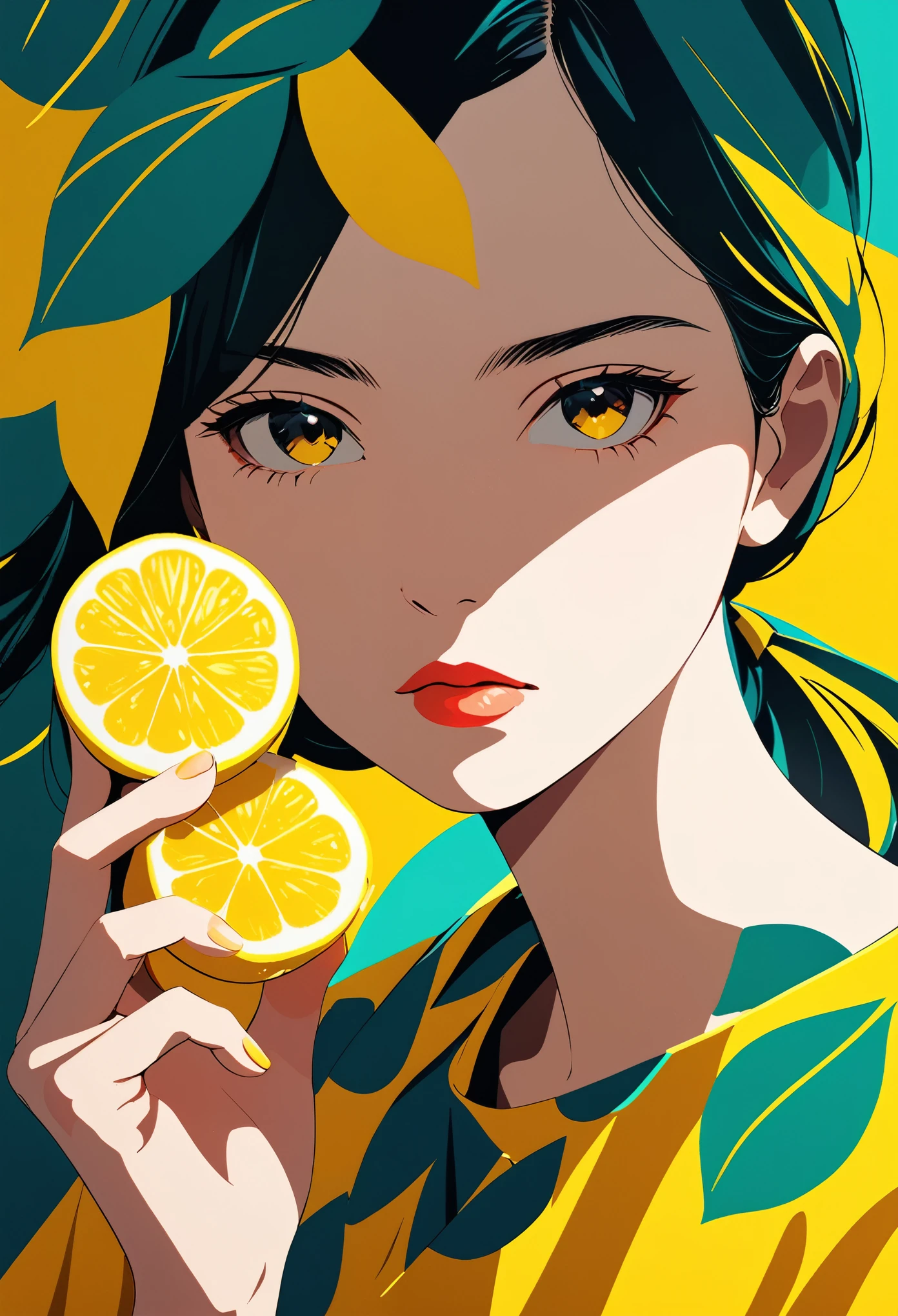 une fille mangeant du citron, Elle fronce les sourcils.，Art minimaliste style, portrait minimaliste, Art minimaliste, art abstrait, fond simple, couleurs vives, Contraste élevé, netteté, (Meilleure qualité,4k,8k,haute résolution,chef-d&#39;œuvre:1.2),ultra-détaillé,