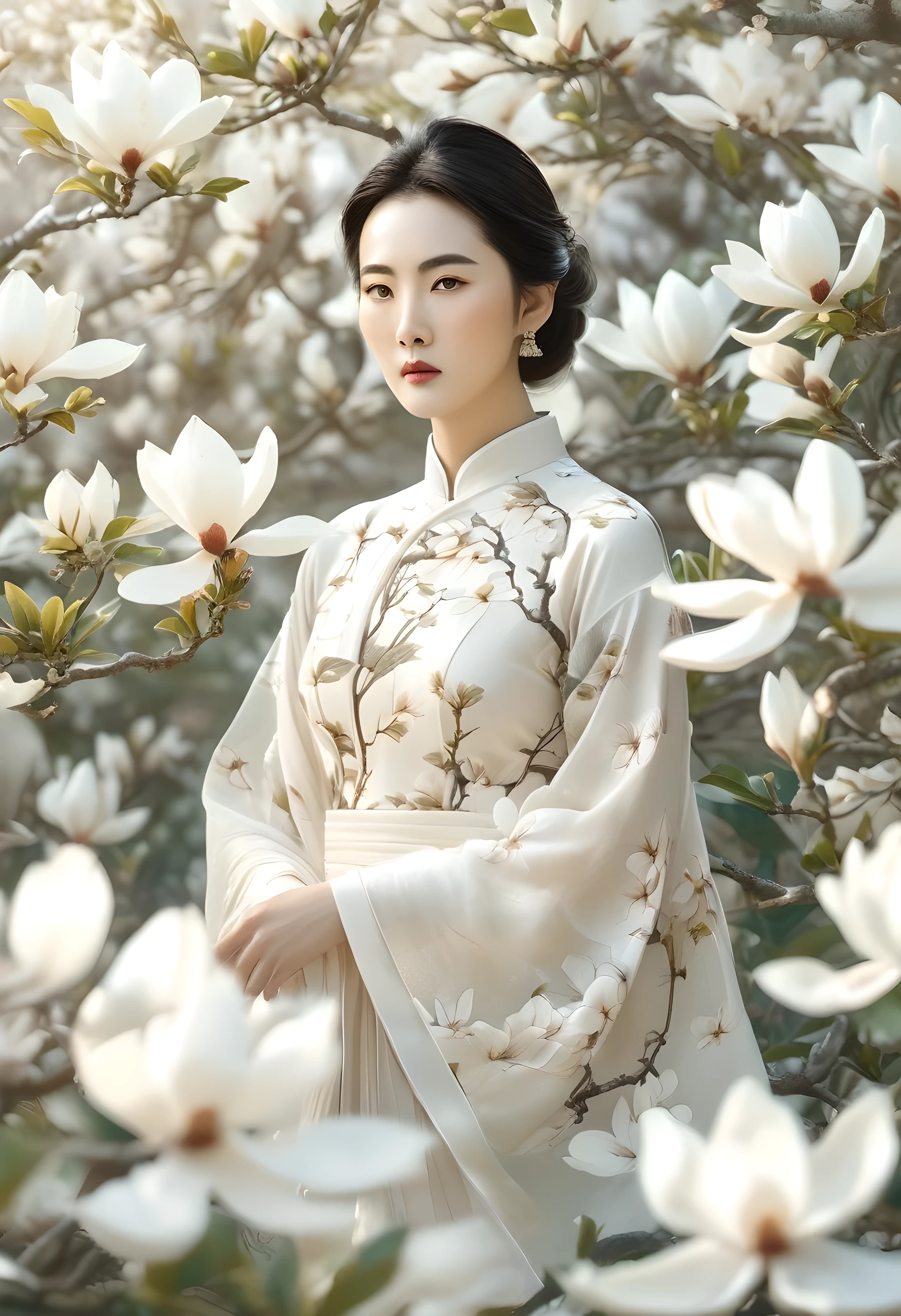 une belle femme classique debout dans un champ de fleurs de magnolia blanc, Peinture traditionnelle chinoise détaillée, serein, (Meilleure qualité,4k,8k,haute résolution,chef-d&#39;œuvre:1.2),ultra-détaillé,(Réaliste,photoRéaliste,photo-Réaliste:1.37),des traits de visage délicats,Beaux yeux,pose élégante,robe fluide,éclairage doux,Couleurs tamisées,cadre naturel,ambiance éthérée