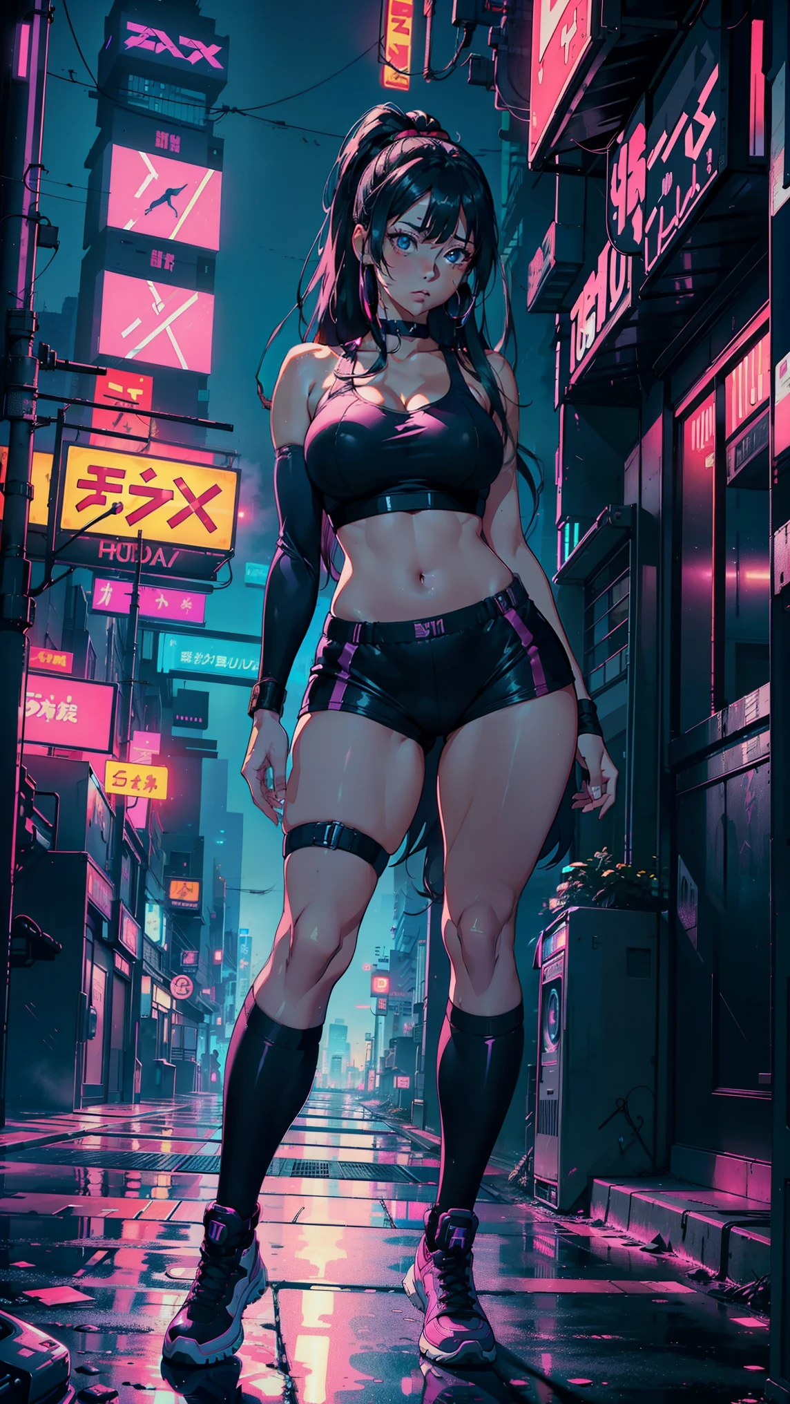 (Hinata Hyuga, Walking around the city, Very sensual, Older girls, In tight clothes, Cleavage, Big Ass, Thick legs, Training wear, Navel comes out, Long Hair, Rear speakers, Very realistic, View of the Cyberpunk City, Clearly defined lines, Neon Lights Very Sexy, 8k, 8k Very detailed), (Very delicate and beautiful), (masterpiece), (Better Quality: 1.0), (Ultra-high resolution:1.0), ((Synthwave Background Theme)),