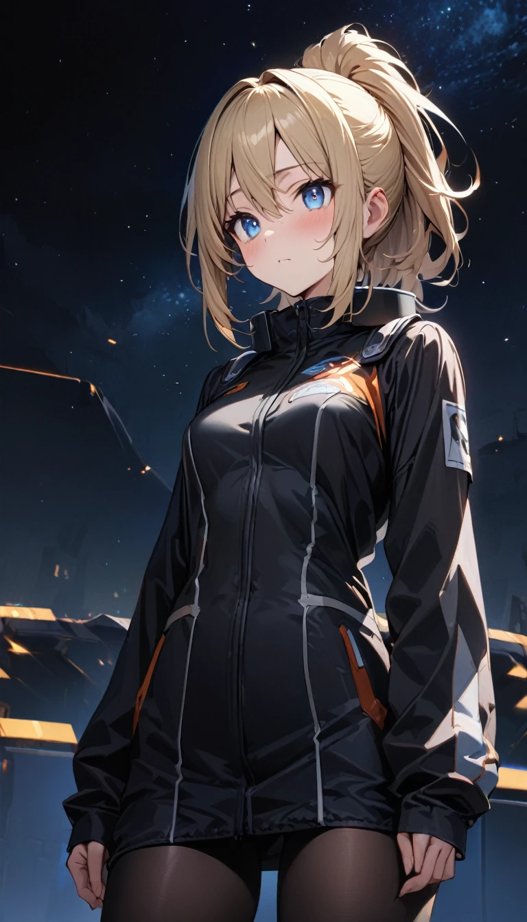 a handsome girl, 25 years old, blond hair, medium hair, ponytail hair, blue eyes, fighter costume, black tights, standing, no expression, night sky, masterpiece, best quality, ultra detailed, detailed eyes, cute eyes