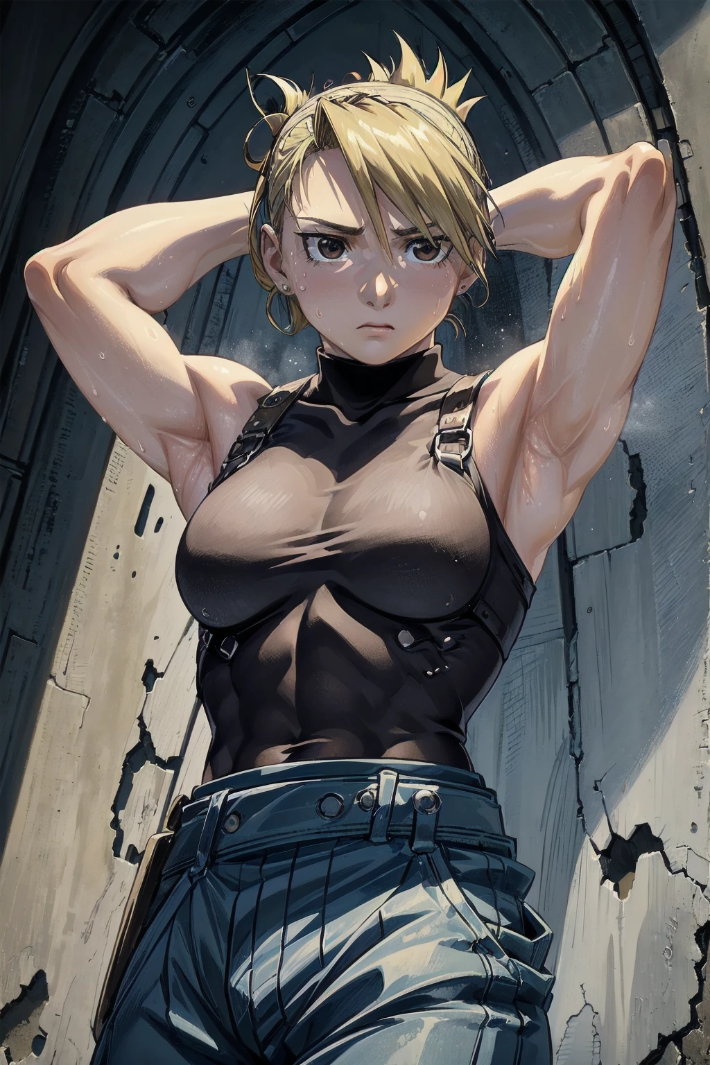 masterpiece, highest quality, High resolution, One Girl, Hamriz, ponytail, Brown eyes,big , Black Shirt, Tight shirt, holster, Short sleeve, belt, Covered navel, Blue pants,Outdoor、Natural light、bright、Upper body close-up、Muscular body、blush、Sweat、Composition from the front、anime、(((Close-up of a person、Arms behind head、Raise your arms、cute、Both armpits exposed、Sweat、Look forward)))