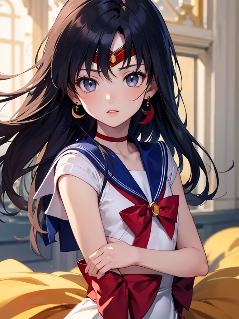 masterpiece, best quality, 1girl,solo, ReiHino, (sailor mars, neck ribbon, 10 years old, (flat chest), long hair, circlet, jewelry, crescent earrings)