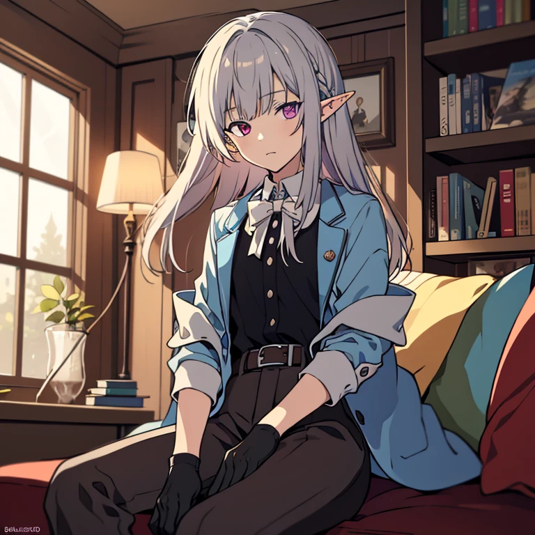 alone, Cool male elf with heterochromia, purple left eye and blue right eye, Silver Straight Long Hair, Please wear a shirt and jacket, Wearing slacks, Wearing black gloves, sitting on a sofa surrounded by bookshelves, Thinking about something, (highest quality,8k,High resolution,masterpiece), Highly detailed facial expressions, Intricate details, Natural light, Warm colors, Soft Focus, Digital Painting, Fantasy art, 