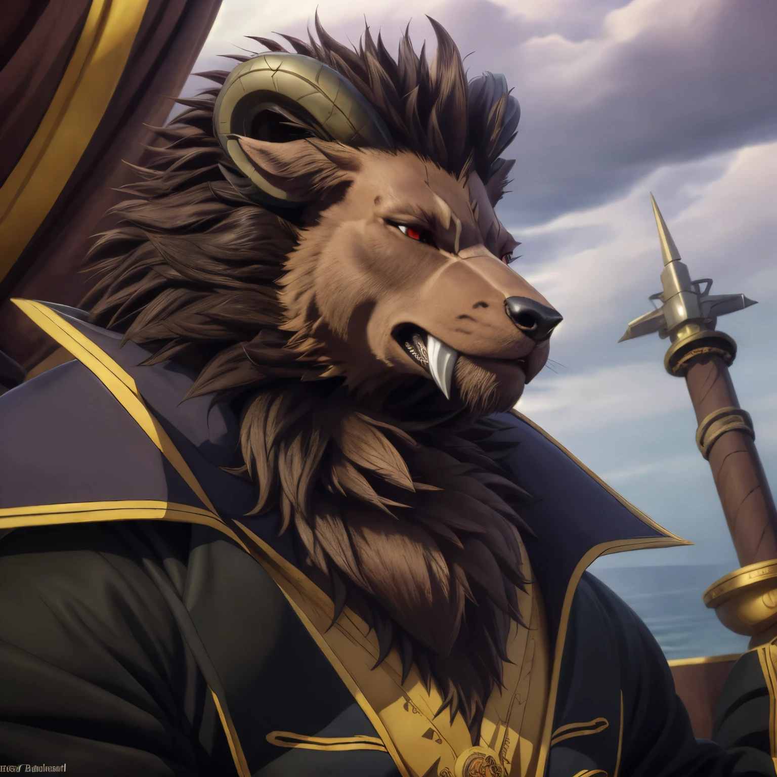 (highest quality, 32K High resolution:1.2, Very detailed, Realistic, photoRealistic, masterpiece,) Official Art, The Sacrificed Princess and the King of Beasts, Full Body View, Looking at the audience, male, good looking, Majestic Beast, Dark sienna brown fur, Black Mane, Majestic King, King Leonhard, Muscular body, Crimson Eyes, Serious look , Small ears, Curved black horns, Long upper jaw crab teeth, (detailed Realistic image:1.3), (Fine grain, Beautiful and expressive eyes:1), (hyper Realistic fur:1.2), (Fur with attention to detail:1. ( Detailed face:1) Low Light: 1.2) masterpiece, highest quality, ultra Realistic ( 8k, 超High resolution, Beautiful light and shadow, Detailed faceの描写, highest quality, masterpiece, Ultra high definition, Official Art, Super detailed, Deep Shadow, Dynamic Shadows, High resolution, Profound, utra Fur with attention to detail, Maximum concentration, Depth of written boundary, Perfect lighting, Lightest particle quality, Super-detailed body, Cinematic, Sharp focus, Correct Anatomy, Right hand, The right move, Five fingers, Right Head, Detailed Background), (Intricate Details, Masterpiece, Best Quality, High Resolution, 8k), (1man), (male:1.2), old, aged up, exquisite face, angular jawline, finely detailed eyes and face, thin body, physique exudes strength and power, mocha skin, chartreuse green short waves and curls hair, refined details, Style-GravityMagic, portrait, solo, (full body:0.6), looking down, detailed background, detailed face, (electricity, jolttech theme:1.1), admiral, smiling, Antique Gray elaborate captain uniform, formal cloak, bicorn hat, decorations, dynamic movement, in port, sails, rigging, ship's bell, navigational instruments, storm on the horizon, dusk, strategy, somber atmosphere,, finely detailed background, Depth of Field, VFX