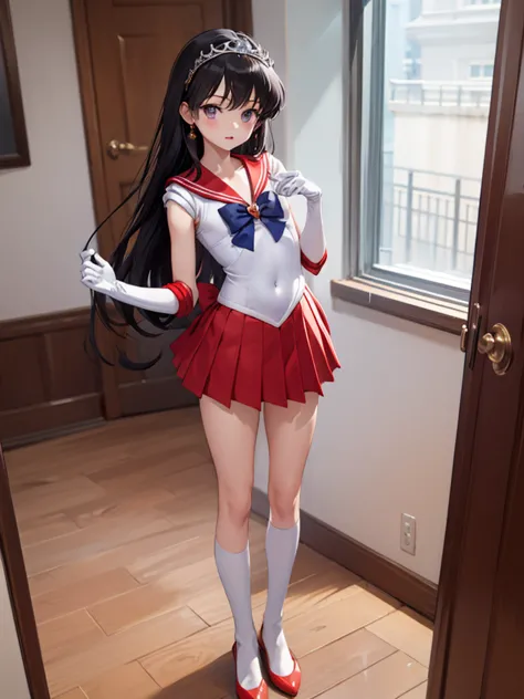 masterpiece, best quality, 1girl,solo, sama1, tiara, sailor senshi uniform, white gloves, red sailor collar, red skirt, 10 years...