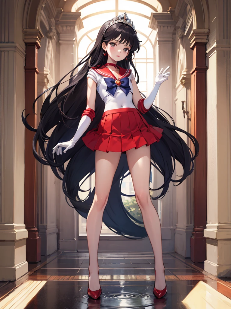 masterpiece, best quality, 1girl,solo, sama1, tiara, sailor senshi uniform, white gloves, red sailor collar, red skirt, 10 years old, (flat chest), looking through legs, full body,