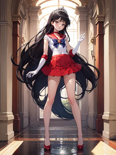masterpiece, best quality, 1girl,solo, sama1, tiara, sailor senshi uniform, white gloves, red sailor collar, red skirt, 10 years...