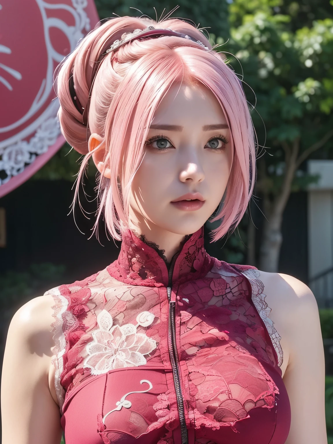 (((masterpiece+highest quality+High resolution+Very detailed))), Sakura Haruno, solo, (([woman]: 1.3 + [beauty]: 1.3+ pink hair: 1.5)), pink eyes, Bright Eyes, Dynamic angles and postures, wallpaper, ((natural big breasts:1.2)), Sakura Haruno outfit, (Ultra Realistic:1.5), (Photo Realistic:1.5), (UHD:1.5), red qipao dress(sleeveless ) with slits along the sides accompanied by a zipper and white circular designs, crystal tattoo at the forehead, slim body shape, (NSFW:1.2), (lace:1.5)
