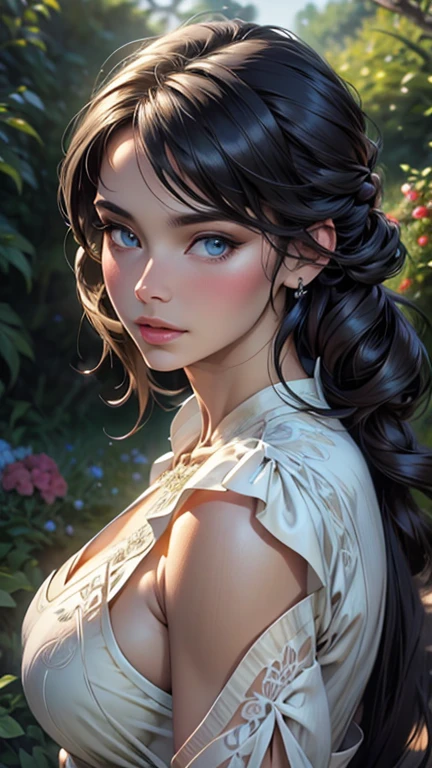 (highest quality,4k,8k,High resolution,masterpiece:1.2),super detailed,(realistic,photorealistic,photo-realistic:1.37),detailed and beautiful eyes,dense and beautiful lips,highly detailed eyes and face,long eyelashes,[garden, Bright colors,soft natural light,romantic atmosphere,vivid flowers, flowing dress,feminine and elegant pose,Happy and confident look, High fashion style, Dreamy scenery, fine art portrait, art print quality, oil painting techniques, impressionist style.