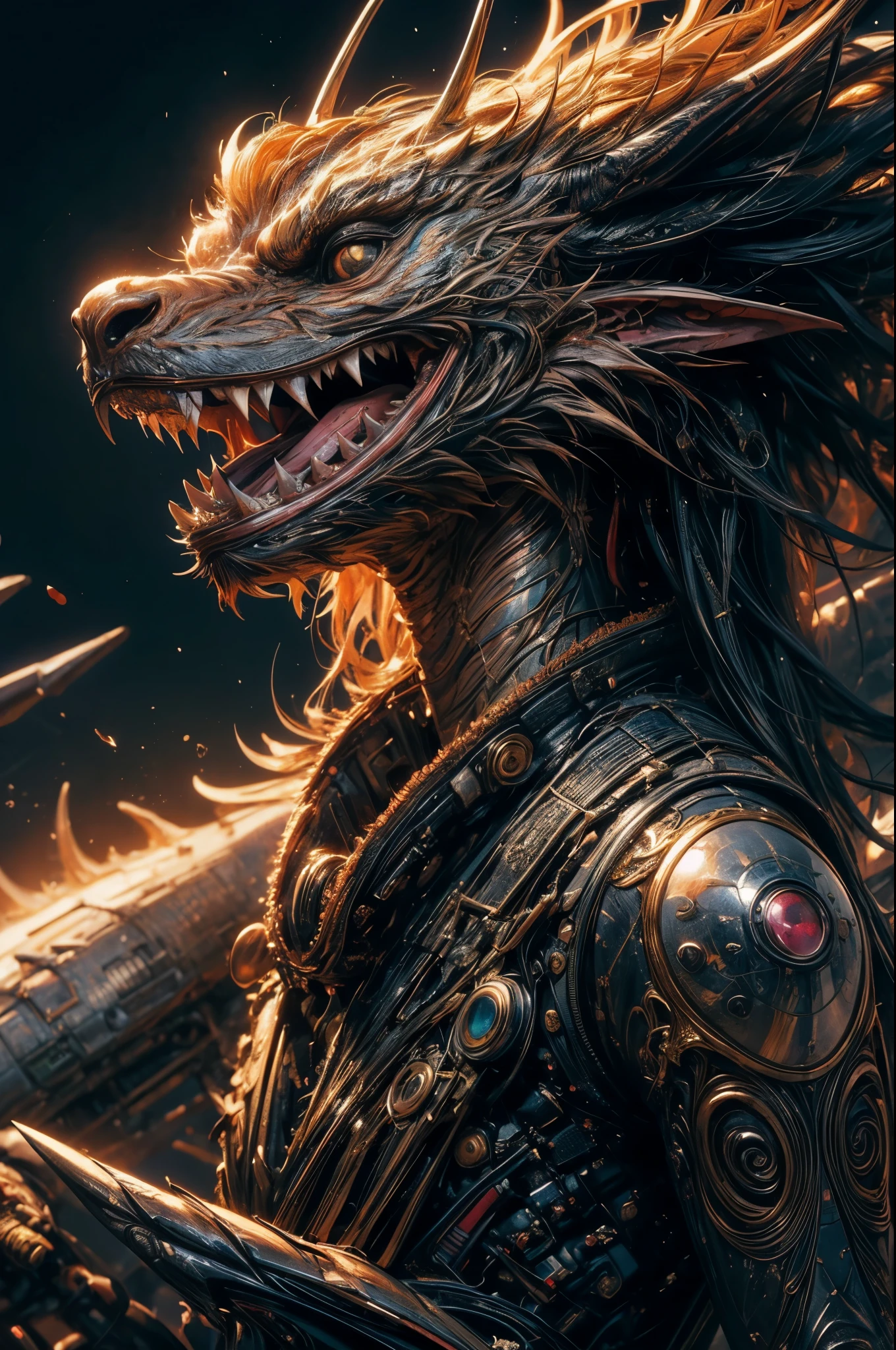 Complex 3D rendering of [[a highly detailed head of a dragon]]、150mm、Beautiful studio soft lights、Rim Light、Vivid details、luxurious cyberpunk、Ren Hao、surrealistic、Anatomical、octan render、8K、top-quality、​masterpiece、illustration、extremely delicate and beautiful、highly detailed、Unity ,wall-,magnifica, Attention to detail, ​masterpiece, top-quality, Official art, Highly detailed ticker Unity 8K wallpapers、nfsw mechanism, abyss、Shooting with a wide-angle lens, Lightning from Kaleidoscope Hand、Neon light, 8K, raw, Best Quality, mastepiece, 超A high resolution, Colorful, (medium wide shot), (Dynamic perspective), The whole picture、sharp focus , (depth of field f16), highly detailedな目と顔, ninjartist, Trimmed gear:1.2), ((mastepiece, Best Quality)), Detailed background, Photographed with Canon R5, ​masterpiece