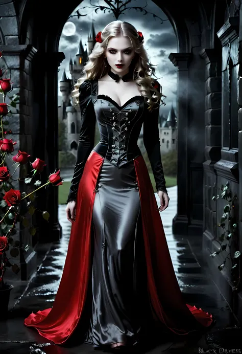 Dark fantasy art, fantasy art, goth art,  a picture of a female vampire, exquisite beauty, full body shot, dark glamour shot,  p...
